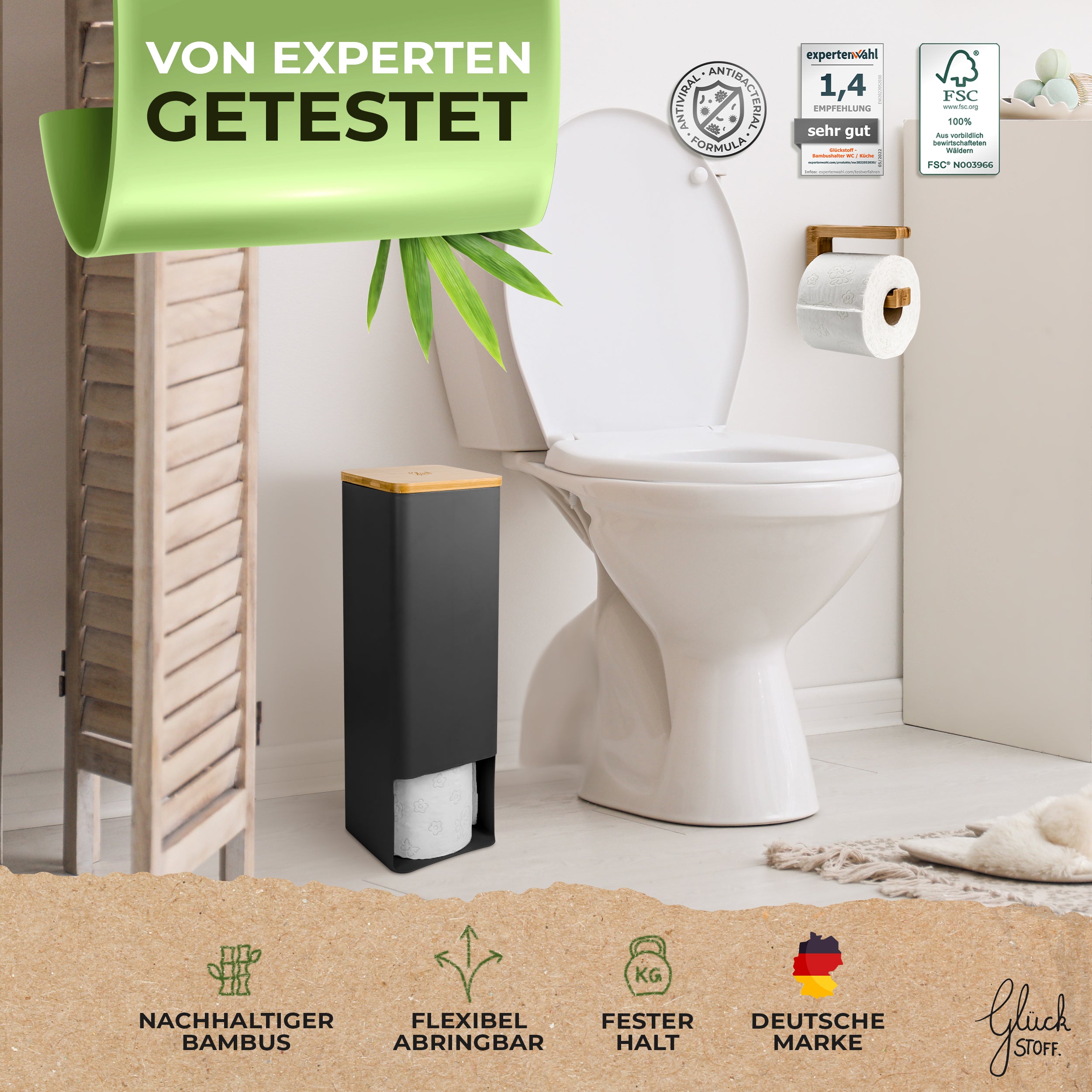 Glückstoff® Toilettenpapier Aufbewahrung [Wandanbringung möglich] aus Bambus 4 Rollen | Klopapier Aufbewahrung Bad | Schwarz