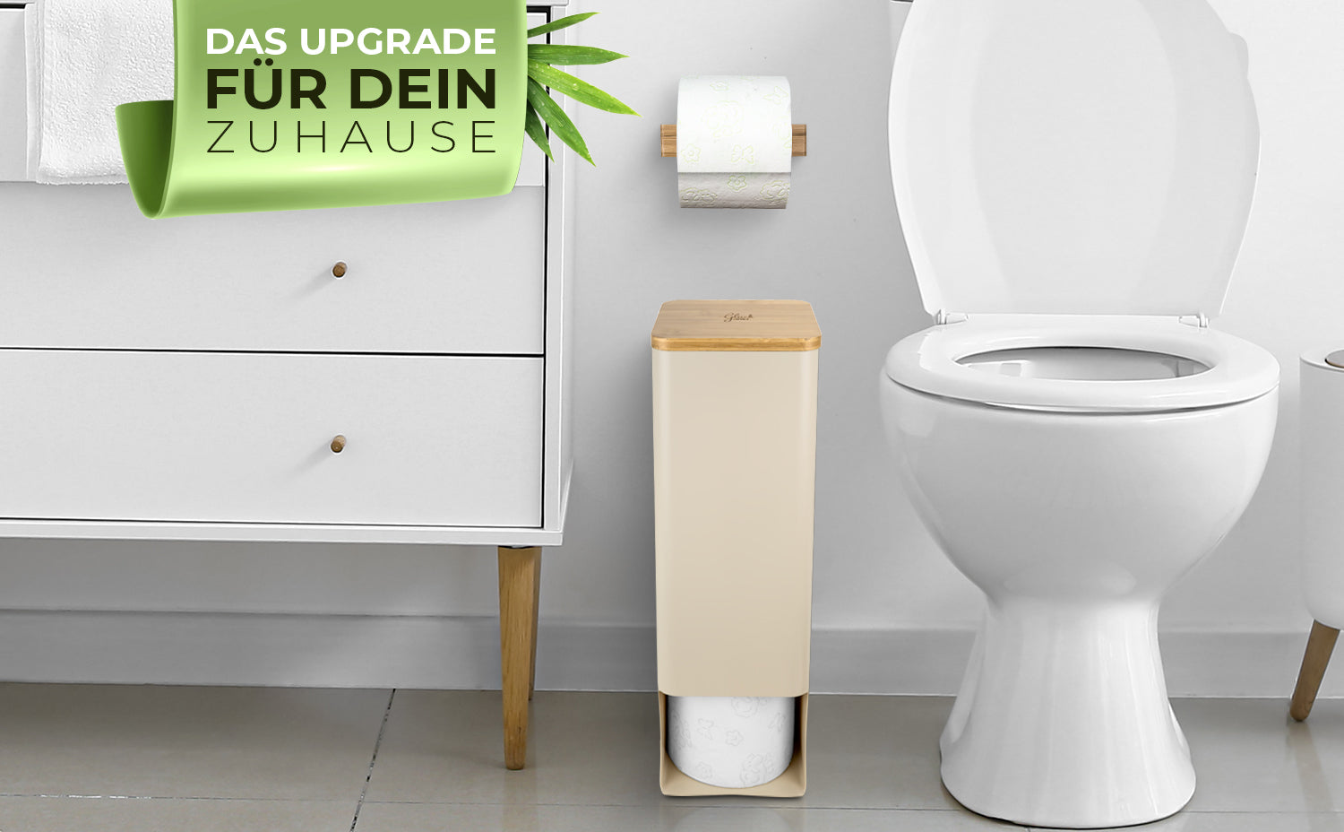 Glückstoff® Toilettenpapier Aufbewahrung [Wandanbringung möglich] aus Bambus 4 Rollen | Klopapier Aufbewahrung Bad | Beige